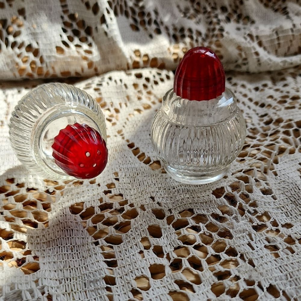 Vintage Red Topped Glass Salt & Pepper Shakers 1960